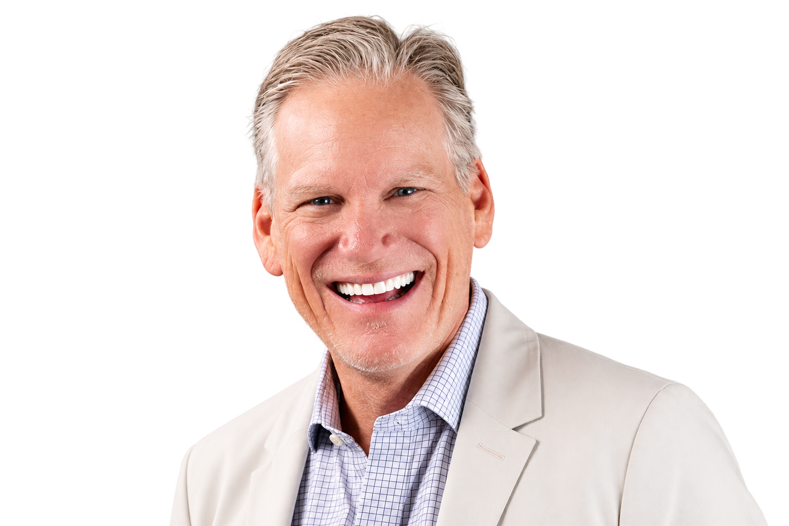 Craig Reese smiling, wearing a light blazer with the background removed